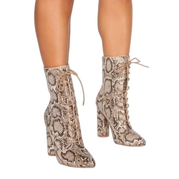 Snakeskin Print Lace Up Ankle Boots Pointed Toe High Block Heel Womens 6.5 - Picture 1 of 7